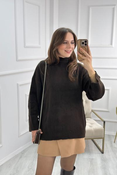 Balıkçı Yaka Kolları Volanlı Kazak Acı Kahve