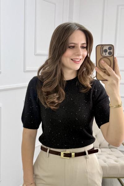 Bisiklet Yaka Pullu Simli Triko Kazak Siyah