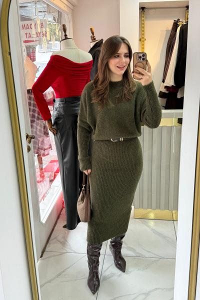 Bisiklet Yaka Yumuşak Dokulu Triko Elbise Yeşil