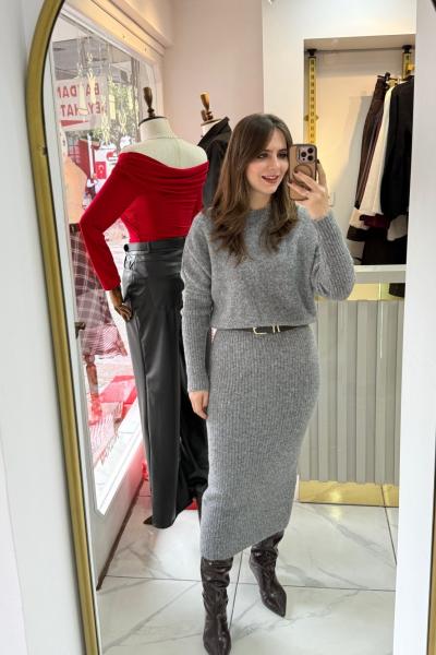 Bisiklet Yaka Yumuşak Dokulu Triko Elbise Gri