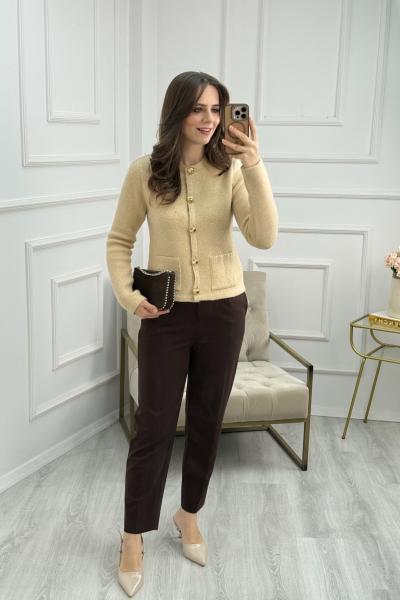 Bisiklet Yaka Pullu Simli Düğmeli Triko Hırka Krem