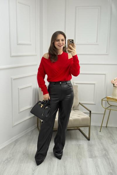 Bol Paça Deri Pantolon Siyah