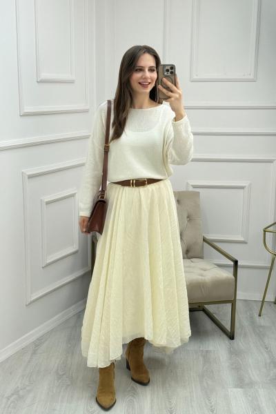Buruşuk Midi Boy Etek Krem