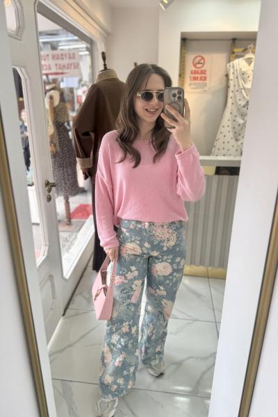 Çiçek Desenli Jean Gök Mavi