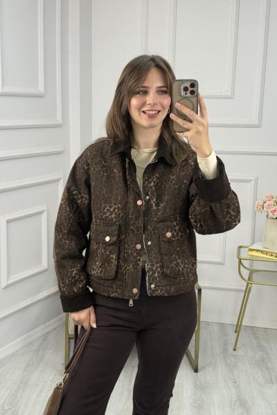 Denim Leopar Kadife Yaka Ceket Kahverengi