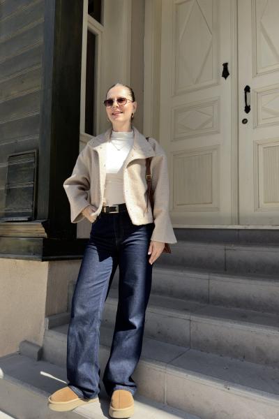 Dik Yaka Çıt Çıtlı Kırçıllı Ceket Krem