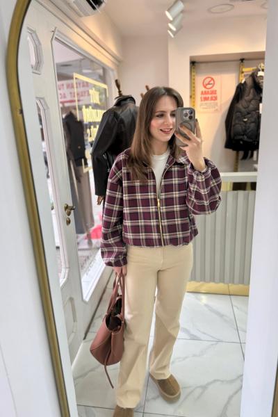 Ekoseli Bomber Ceket Bordo