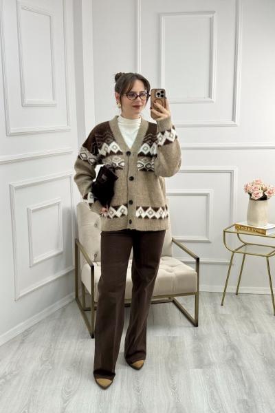 Geometrik Desen Hırka Krem