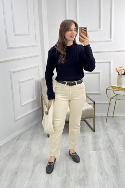 İnce Saç Örgülü Kazak Lacivert