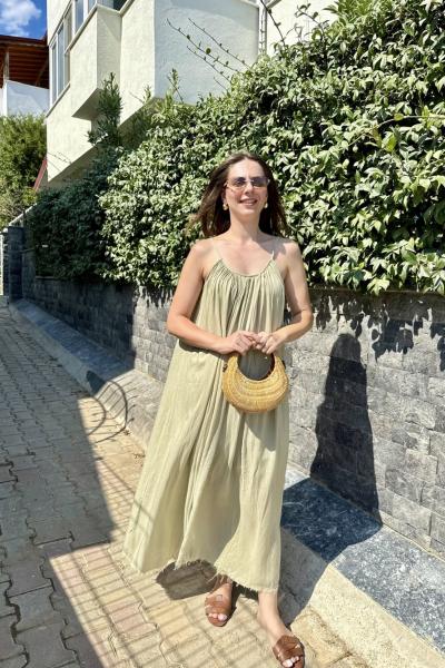 İp Askılı Keten Elbise Haki