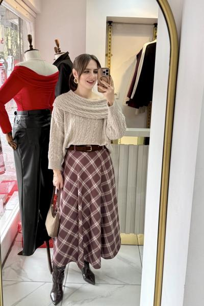 Kadife Kemerli Atarlı Ekoseli Etek Kahverengi