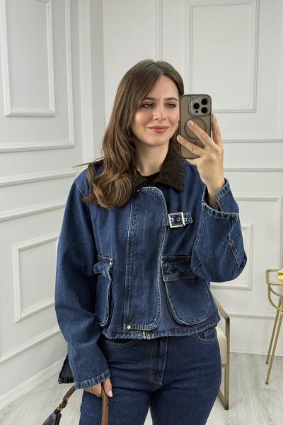 Kadife Yaka Torba Cep Denim Ceket Mavi