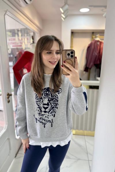 Kaplan Baskılı Beyaz Biye Detaylı Sweat Gri