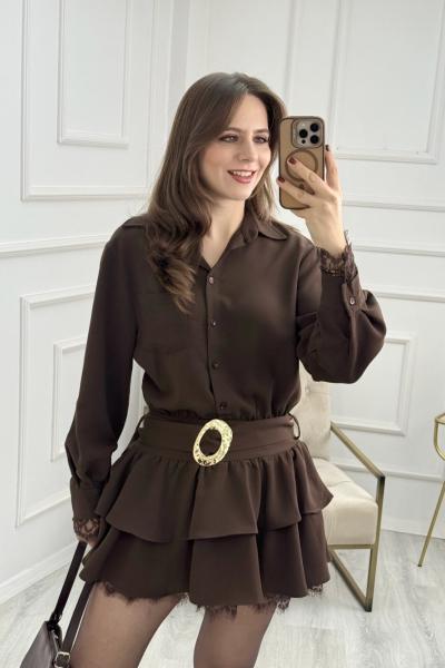 Kemer Detaylı Gömlek Elbise Kahverengi