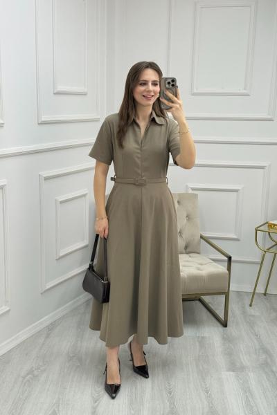 Kısa Kol Fermuar Detaylı Kemerli Elbise Haki