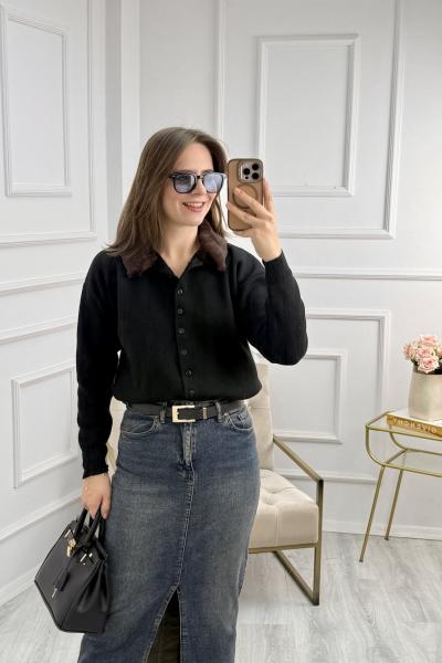 Kürk Yakalı Hırka Siyah