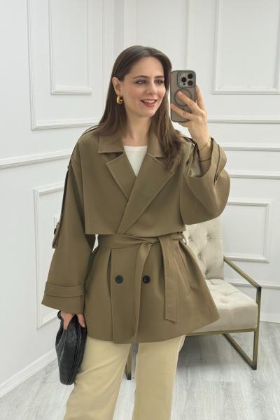 Kuşaklı Kısa Trenç Haki