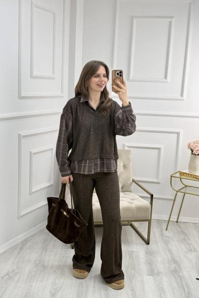 Marka Muadil Gömlek Detaylı Takım Kahverengi