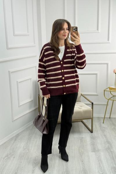 Massi Model Çizgili Hırka Bordo Bej