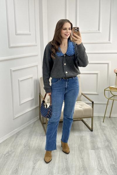 Mavi Yaka İşlemeli Hırka Gri