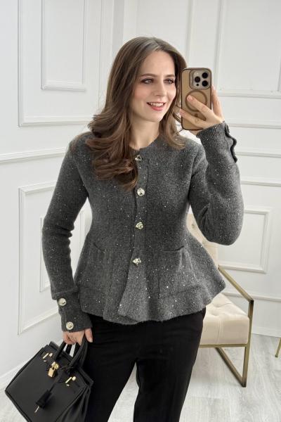 Peplum Pırıltılı Triko Hırka Gri