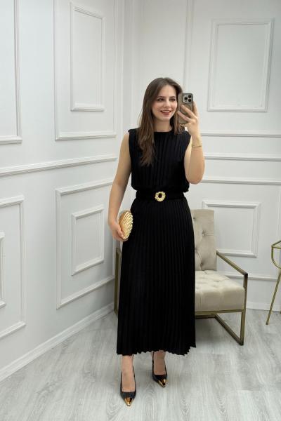 Pileli Kemer Detaylı Şifon Elbise Siyah