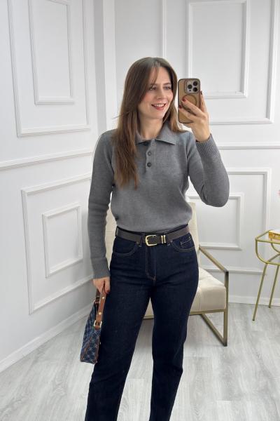 Polo Yaka 3 Düğmeli Triko Gri