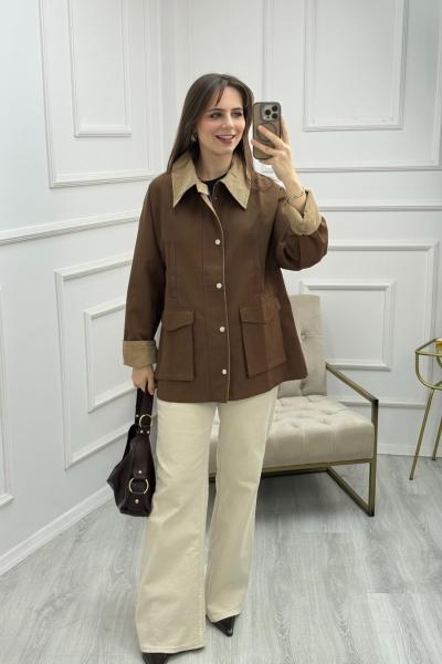 Süet Yaka ve Kol Detaylı Ekose Astarlı Ceket Kahverengi