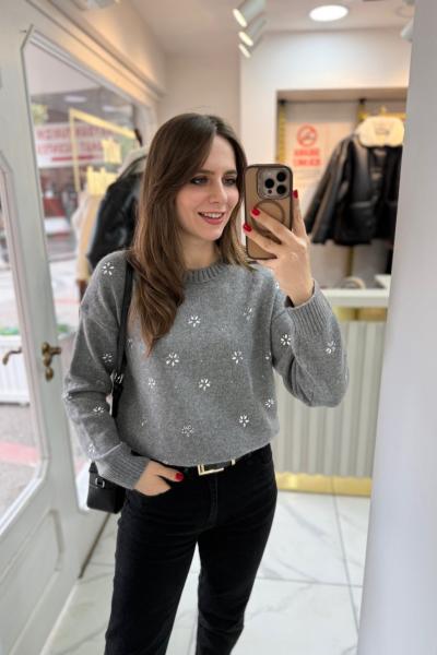 Taş Detaylı Kazak Gri