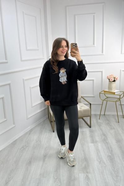 Teddy Baskılı Sweat Siyah
