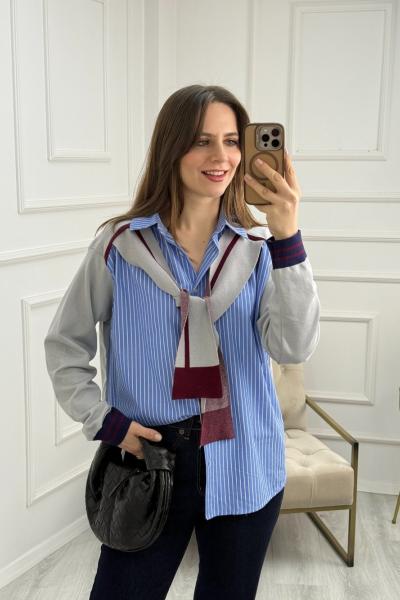 Triko Detaylı Poplin Gömlek Gri Bordo